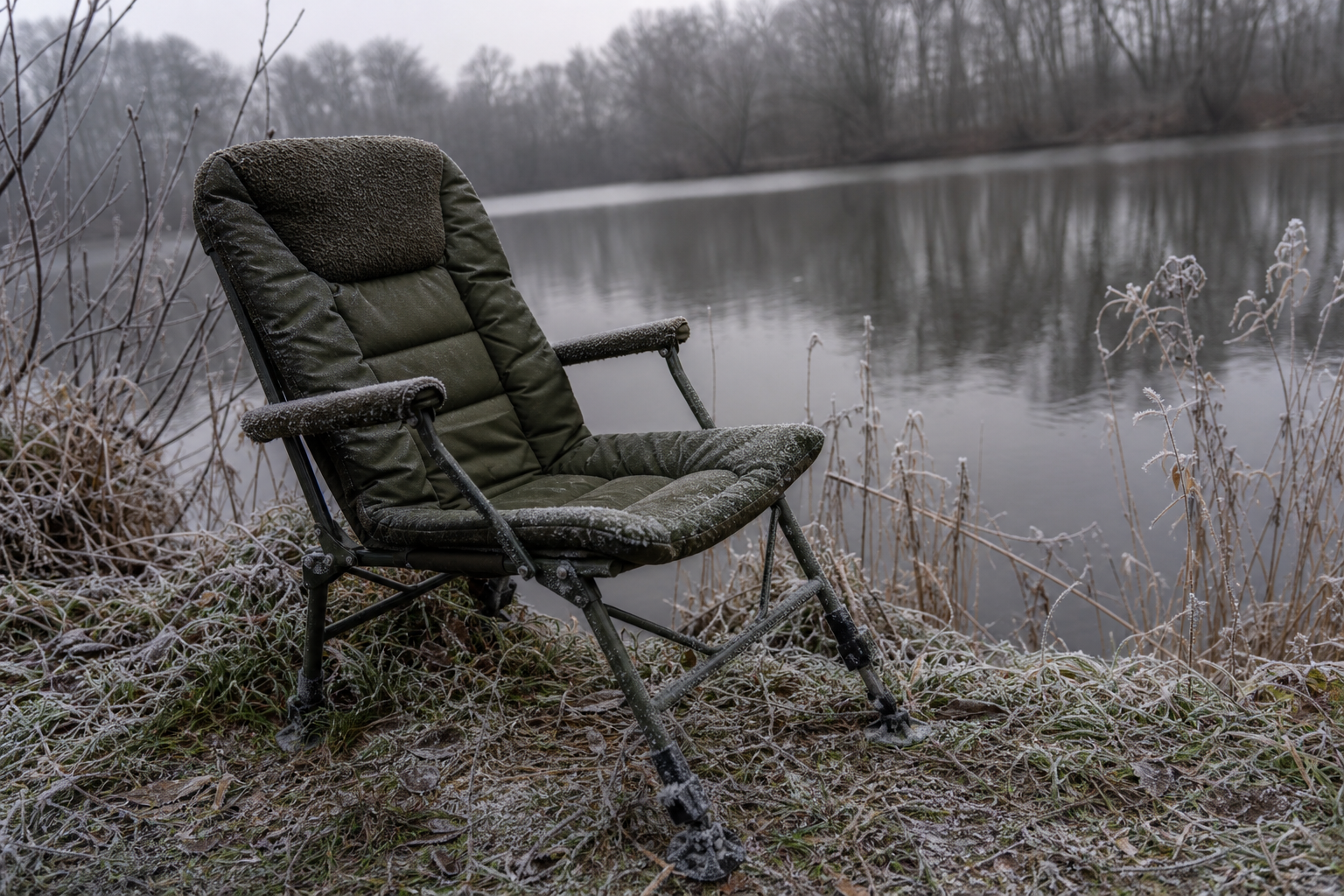 Padded fishing chair on a frosty winter bank beside a grey stillwater lake