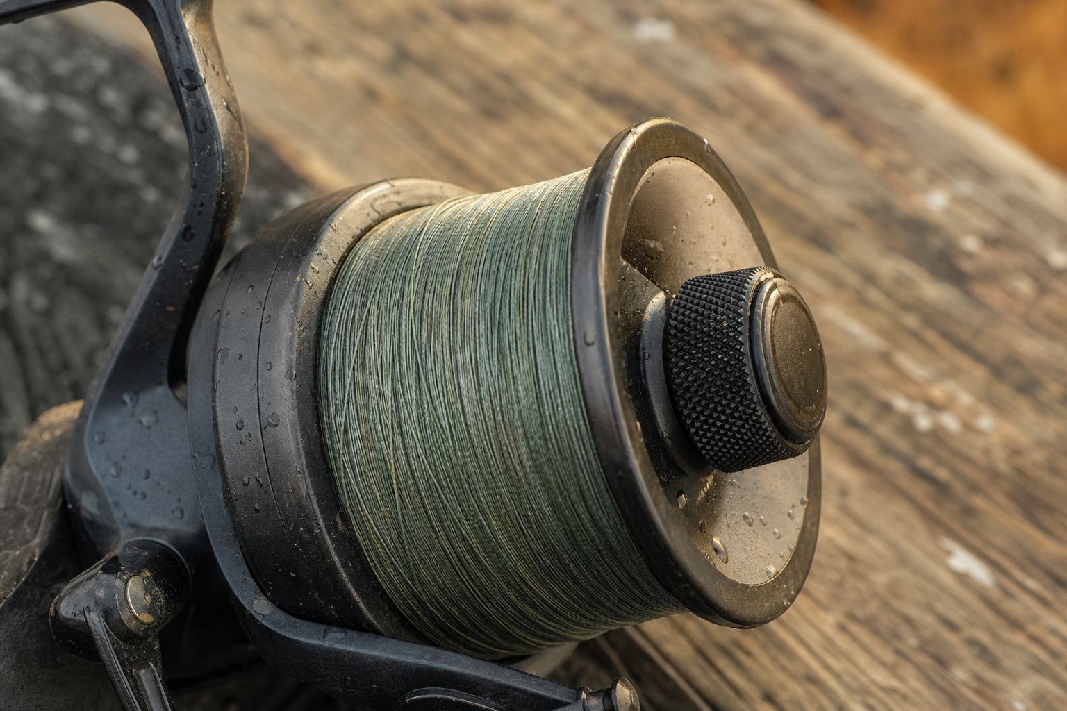 Close-up of a fixed-spool reel spool showing the drag knob and line lay