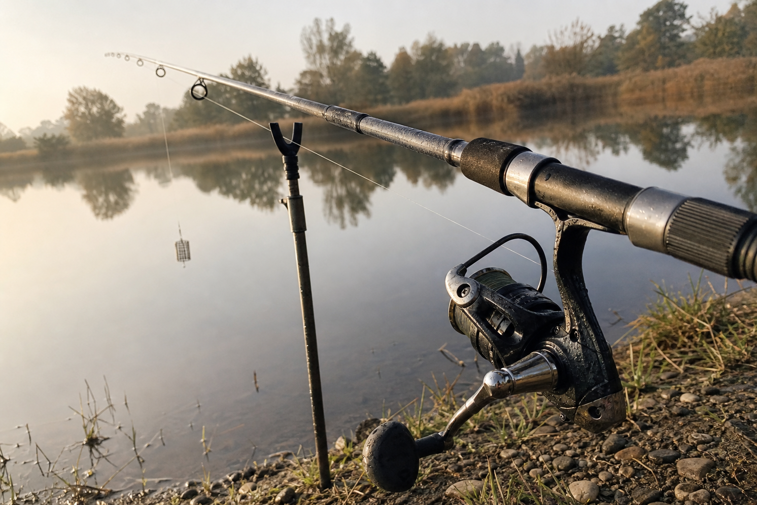 Feeder rod and reel resting on a bankstick at the edge of a calm stillwater