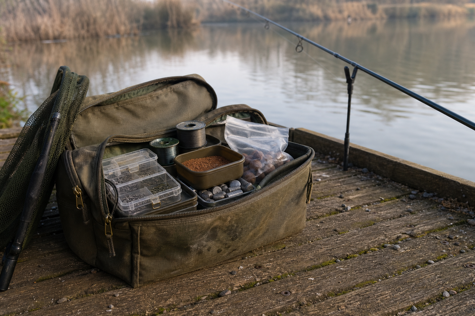 Mid-sized olive fishing carryall sitting open on a wooden fishing platform beside a calm lake