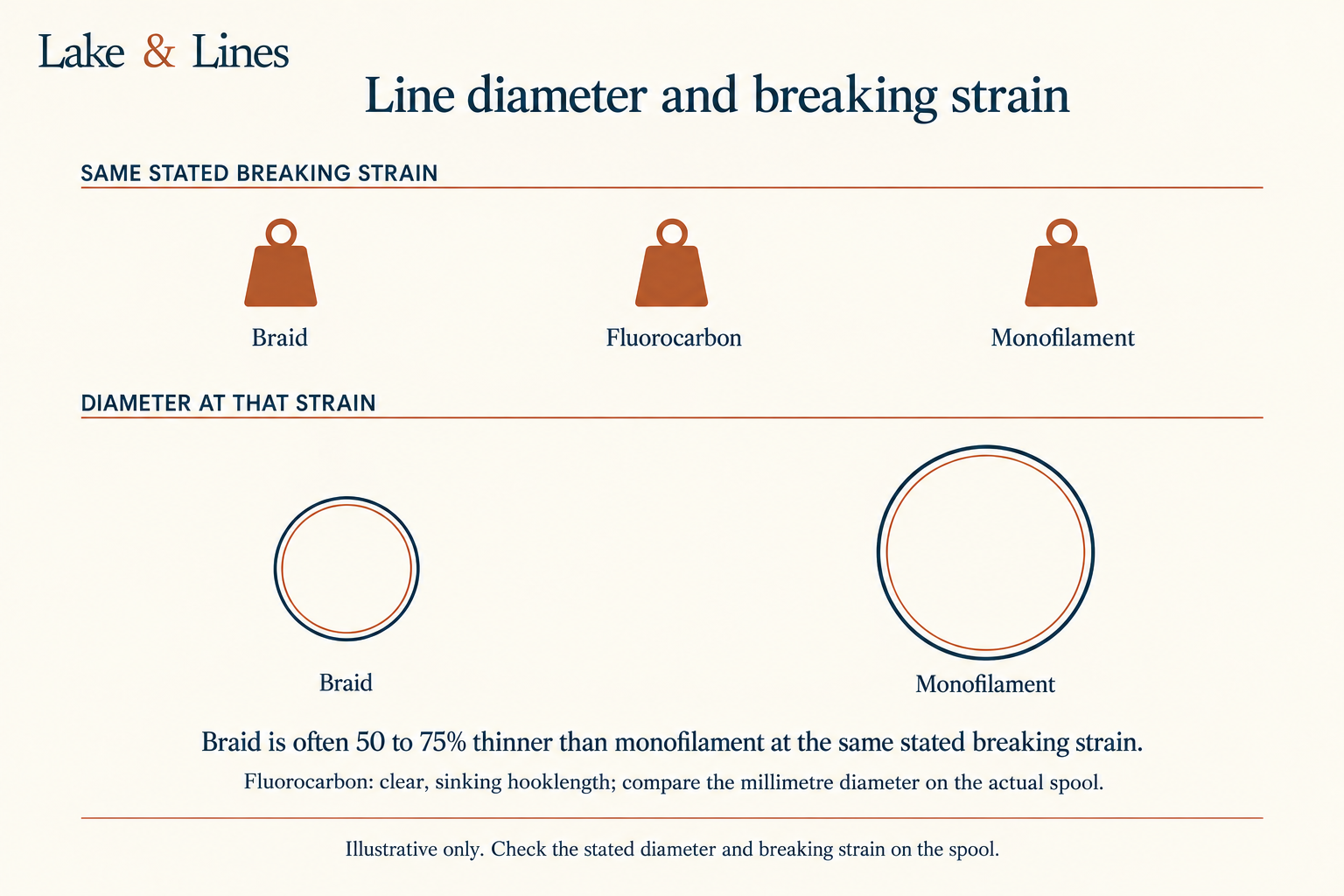 Diagram showing braid, fluorocarbon and monofilament at the same stated breaking strain, with braid much thinner than monofilament