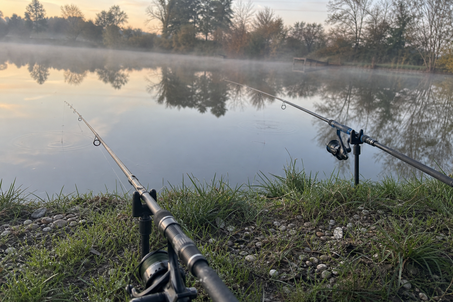 Two fishing rods on rod rests at the edge of a still commercial lake, calm morning light