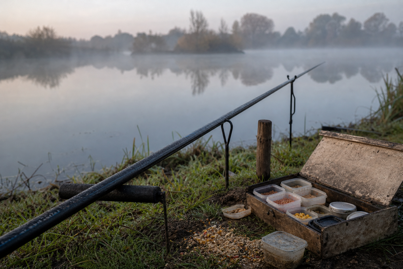 Fishing pole on a pole rest beside a wooden peg and open seat box on a calm, misty commercial lake