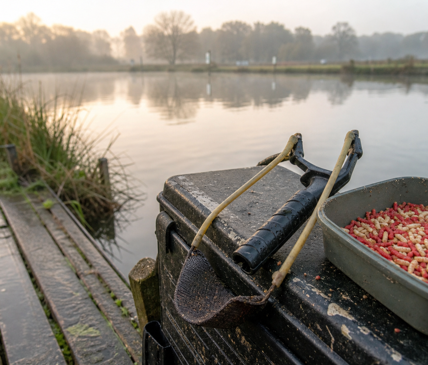 Coarse fishing catapult with a mesh pouch resting on a seat box beside a bait tub on a lakeside peg