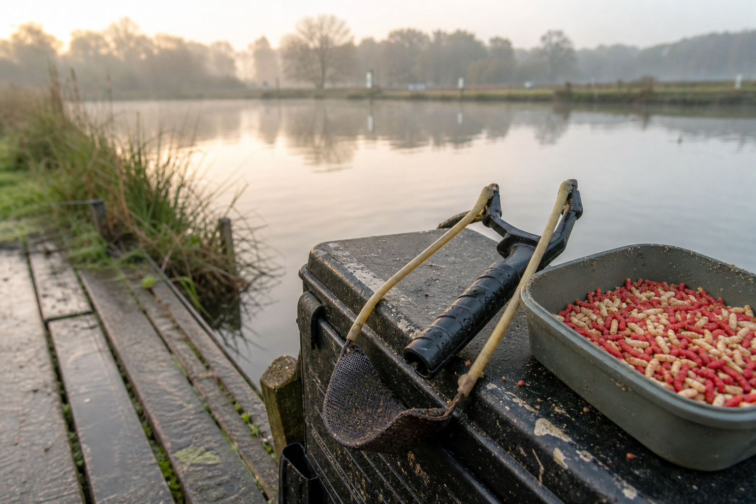 Coarse fishing catapult with a mesh pouch resting on a seat box beside a bait tub on a lakeside peg