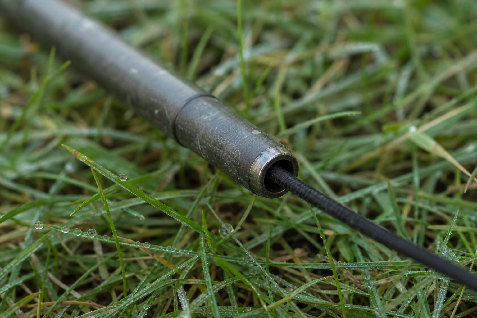 Close-up of a pole tip section showing elastic connector and tip ring on grass