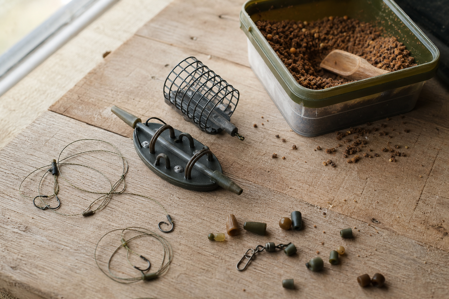 Method feeder kit contents including feeders, hooklengths, quick-change beads and bait tub arranged on a flat surface