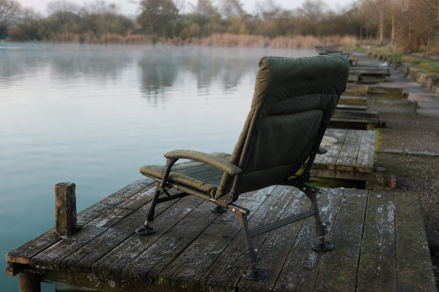 A fishing chair positioned on a wooden platform peg at a commercial stillwater