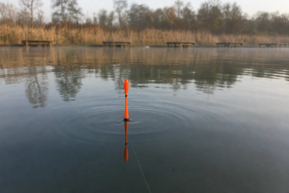 Bright orange waggler float sitting upright on calm lake surface at a commercial fishery
