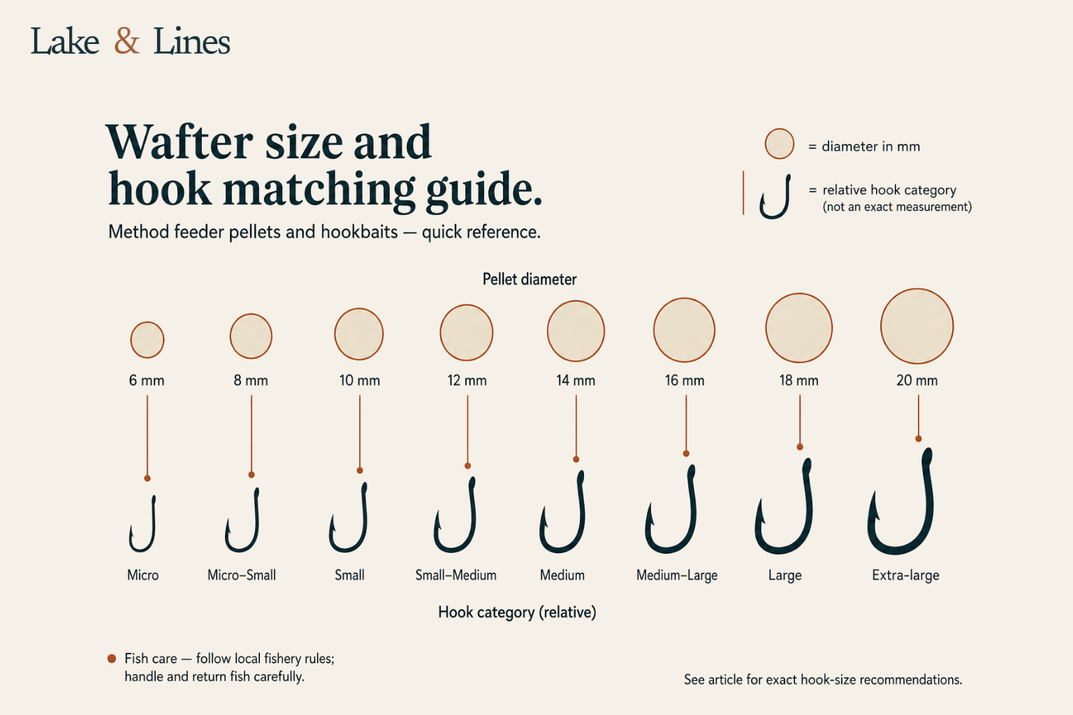 Infographic showing wafter sizes from 6 mm to 20 mm matched to corresponding hook sizes for method feeder fishing
