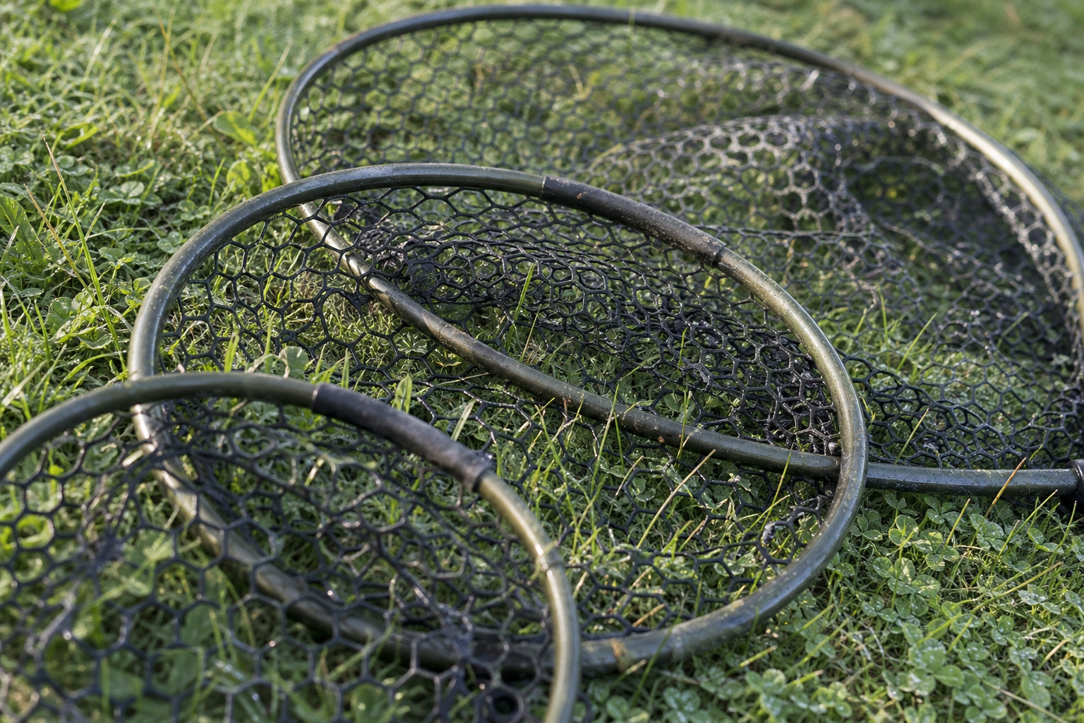 Three landing net heads of different sizes laid side by side on grass
