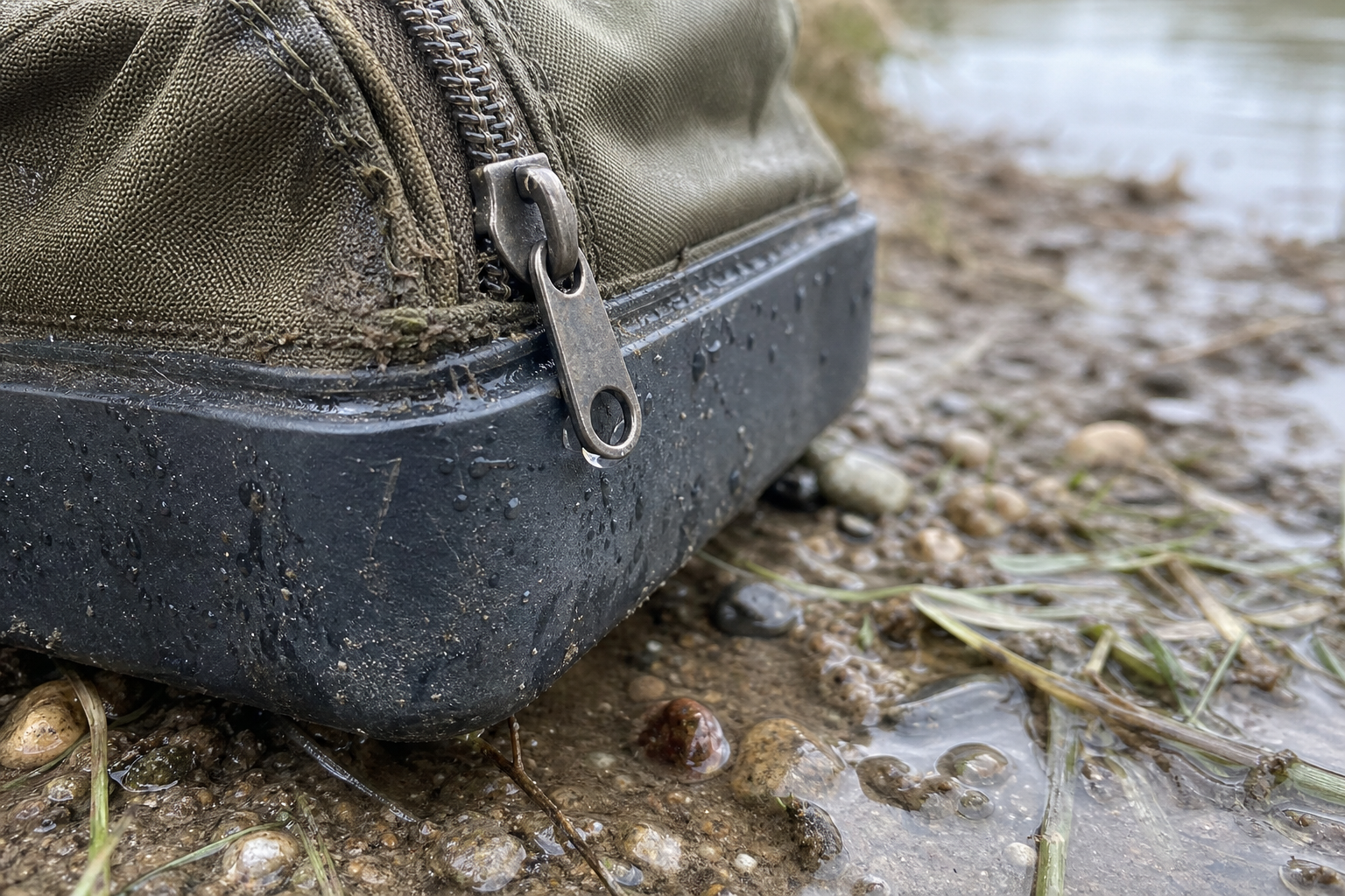 Close-up of rubberised base and zip hardware on a fabric fishing carryall on wet ground