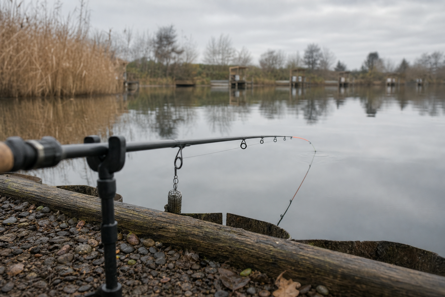 Feeder rod on two rests angled low over calm stillwater on a grey day