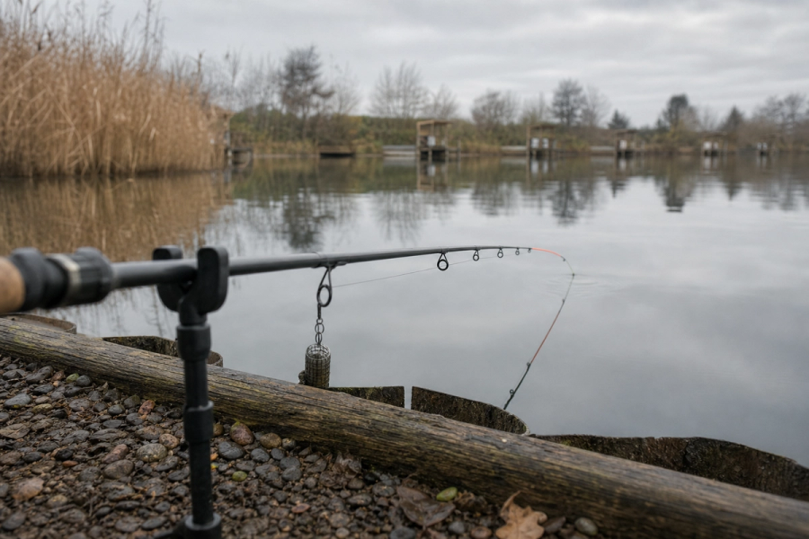 Feeder rod on two rests angled low over calm stillwater on a grey day