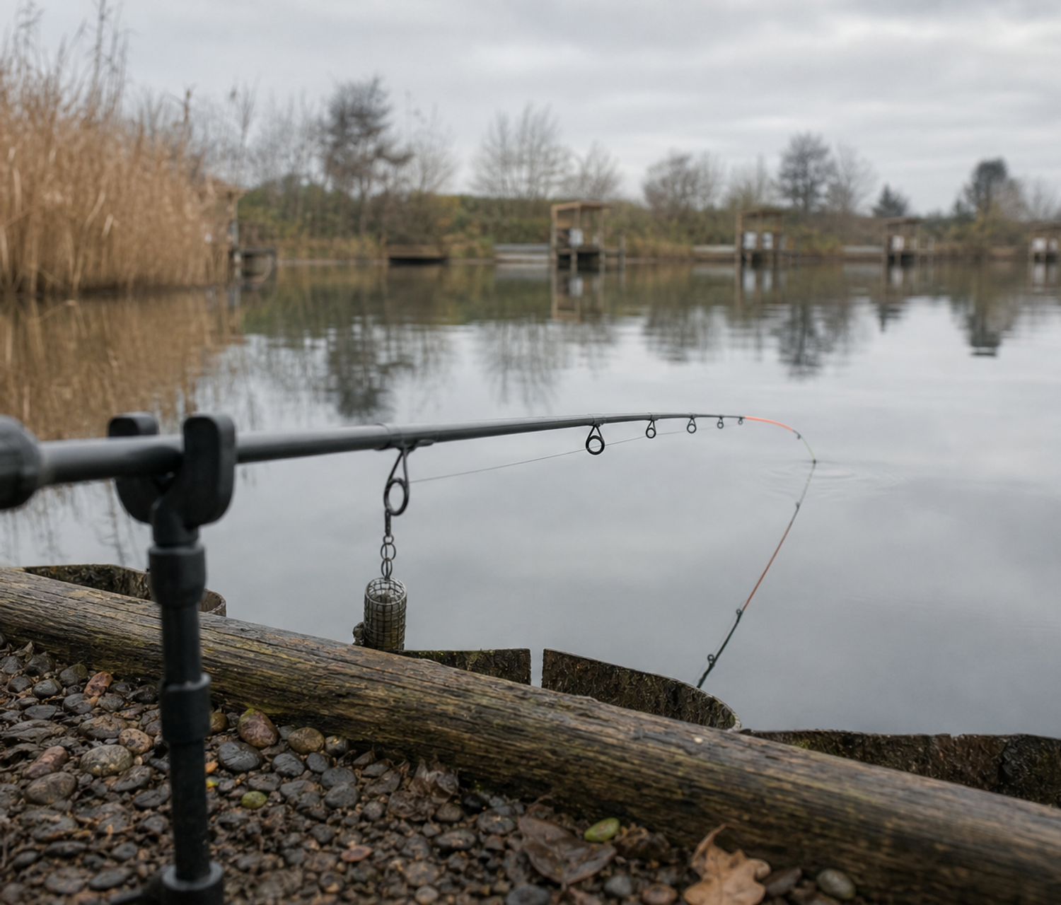Feeder rod on two rests angled low over calm stillwater on a grey day