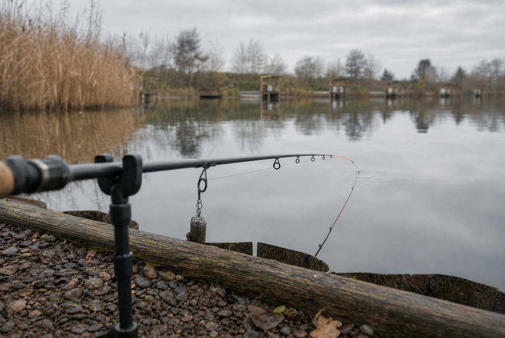 Feeder rod on two rests angled low over calm stillwater on a grey day