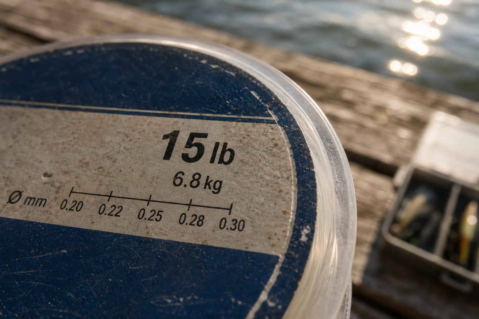Close-up of a monofilament spool label showing pound rating and millimetre diameter markings