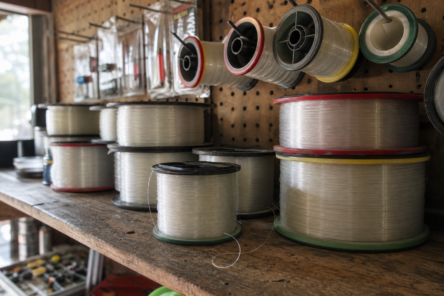 Multiple monofilament line spools in different strengths arranged on a shelf