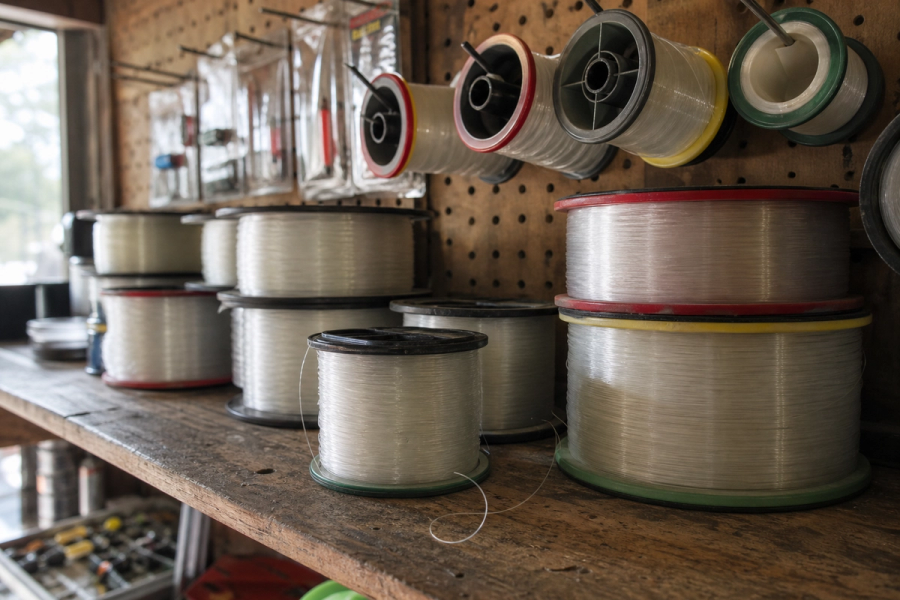 Multiple monofilament line spools in different strengths arranged on a shelf