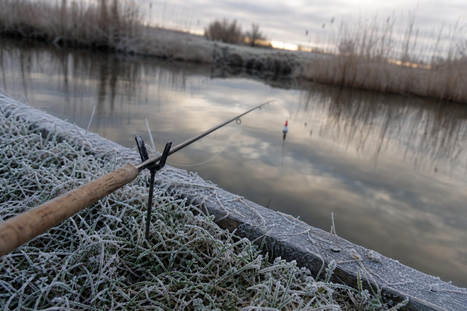 Frost-edged canal bank with float fishing rod resting on rod rest