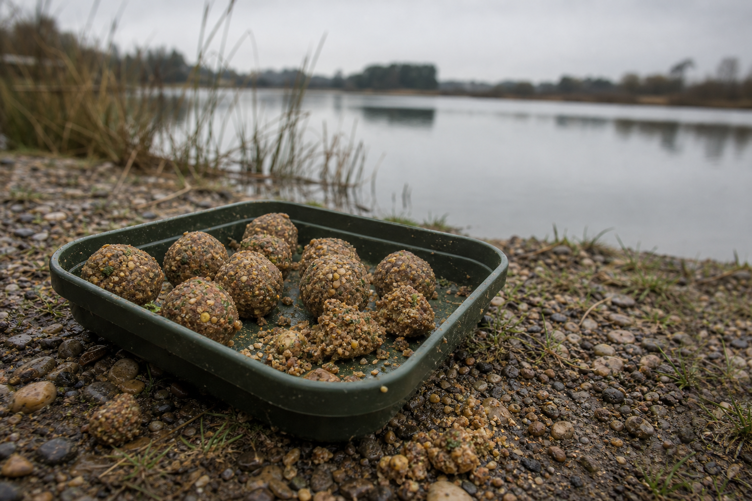 Several small balls of mixed groundbait in a bait tray next to a lake on an overcast day.