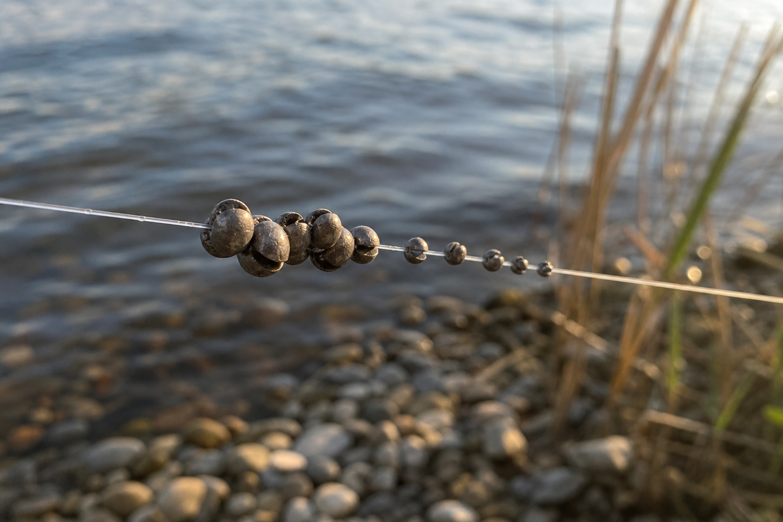 Split shot grouped as bulk and smaller dropper shot on a monofilament fishing line