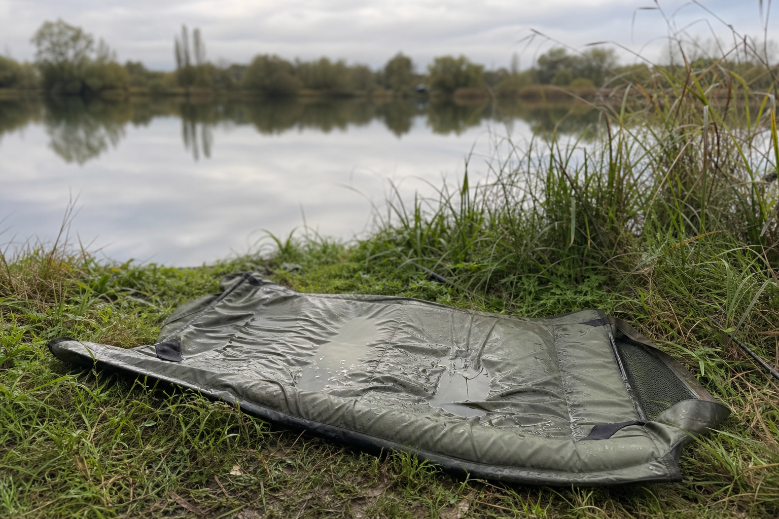 Damp unhooking mat laid flat on grass at the edge of a still water