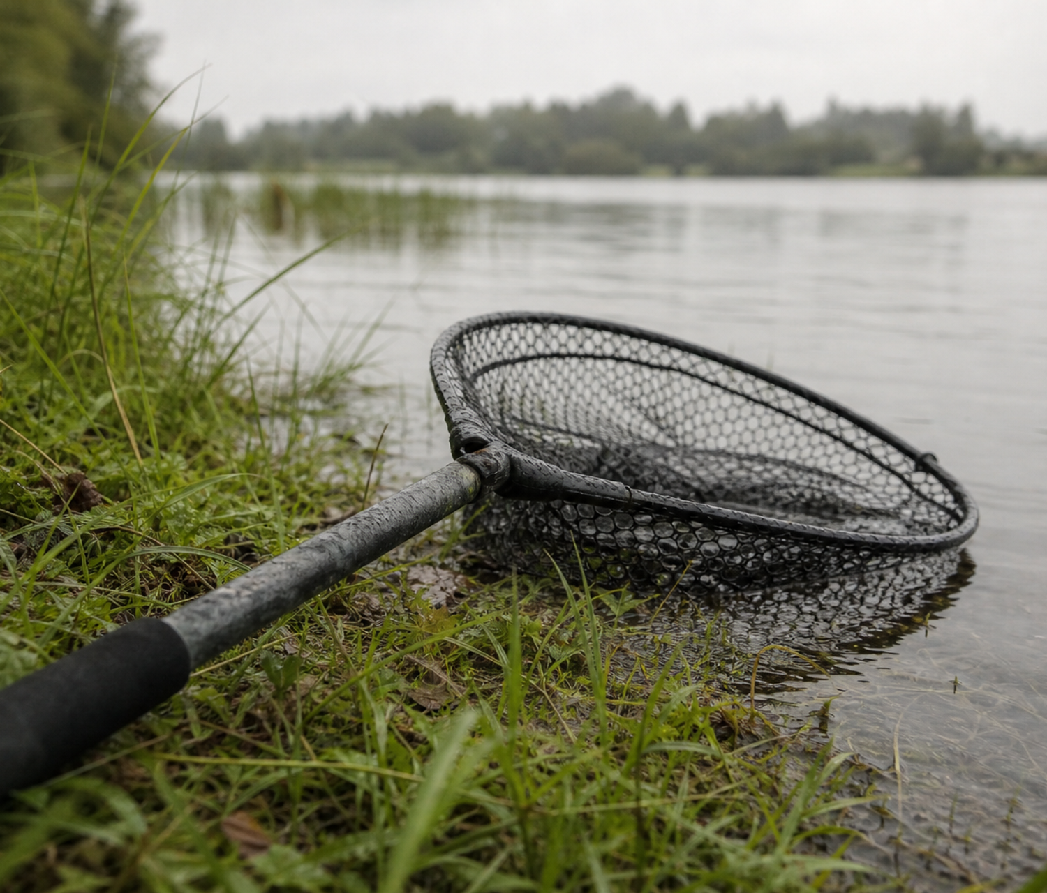 A spoon-headed coarse fishing landing net resting on a grassy lake bank