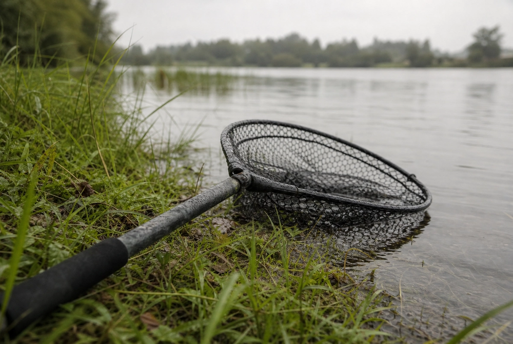 A spoon-headed coarse fishing landing net resting on a grassy lake bank