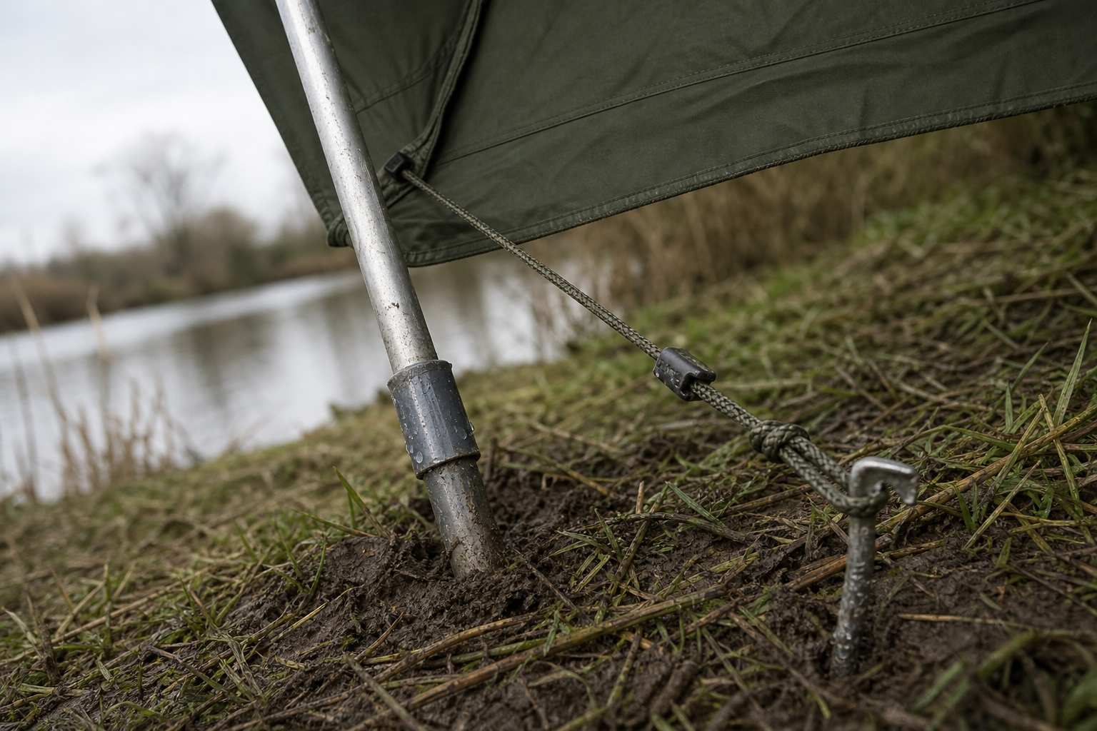 Storm pole and tensioned guy rope anchoring a green fishing brolly on soft ground
