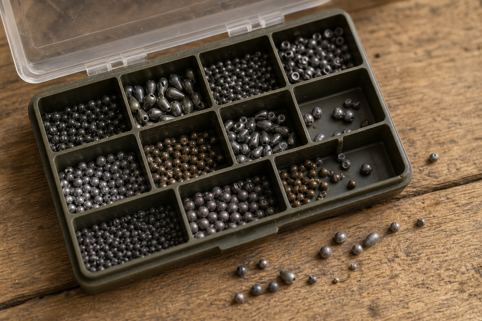 Selection of non-lead micro-shot in a flat compartmented tackle box on a wooden surface