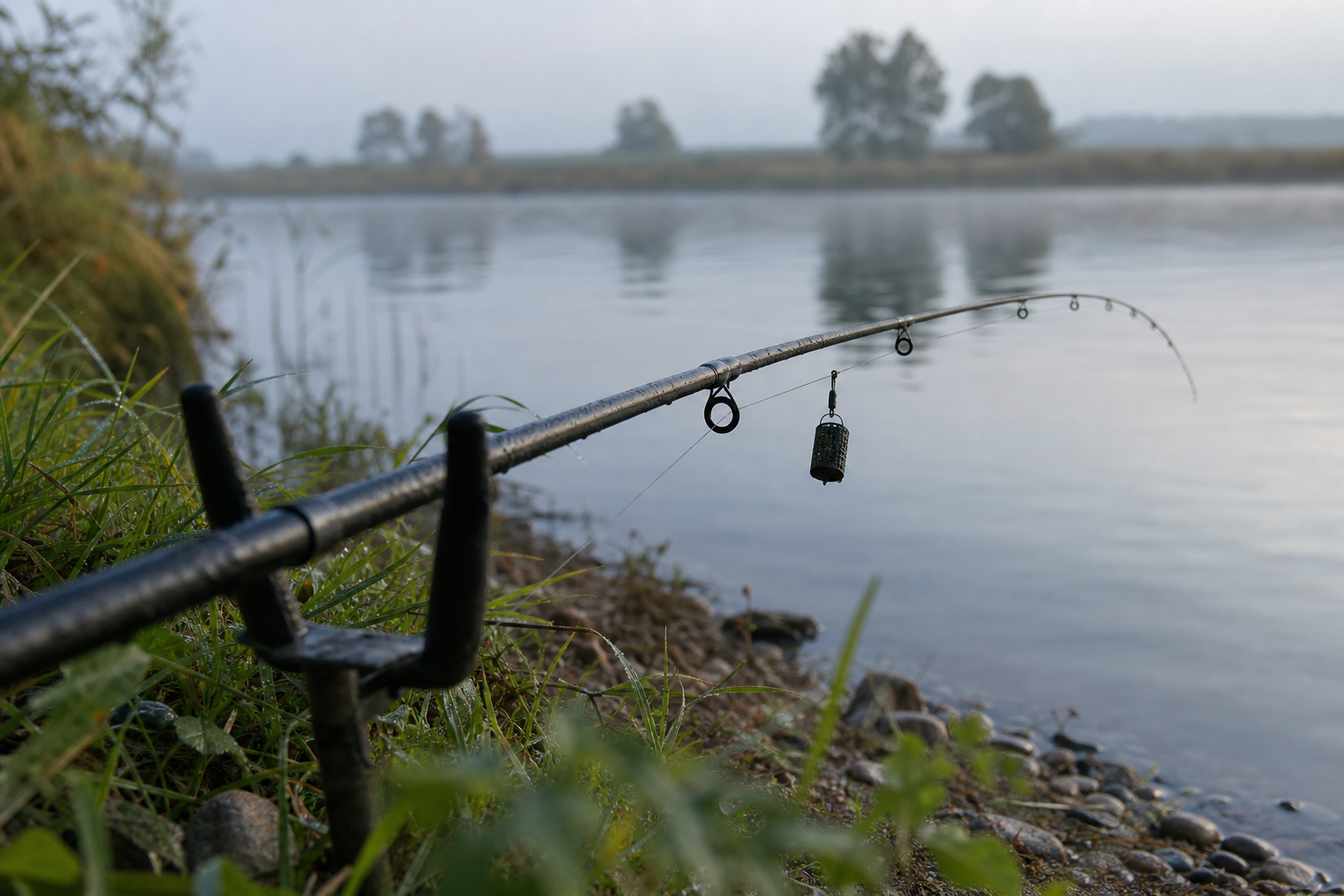 Feeder rod positioned low on rests pointing towards the water, quivertip in slight bend