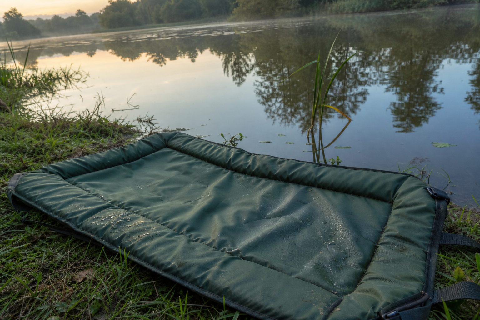 Green padded unhooking mat laid flat on the grass beside a still pond.