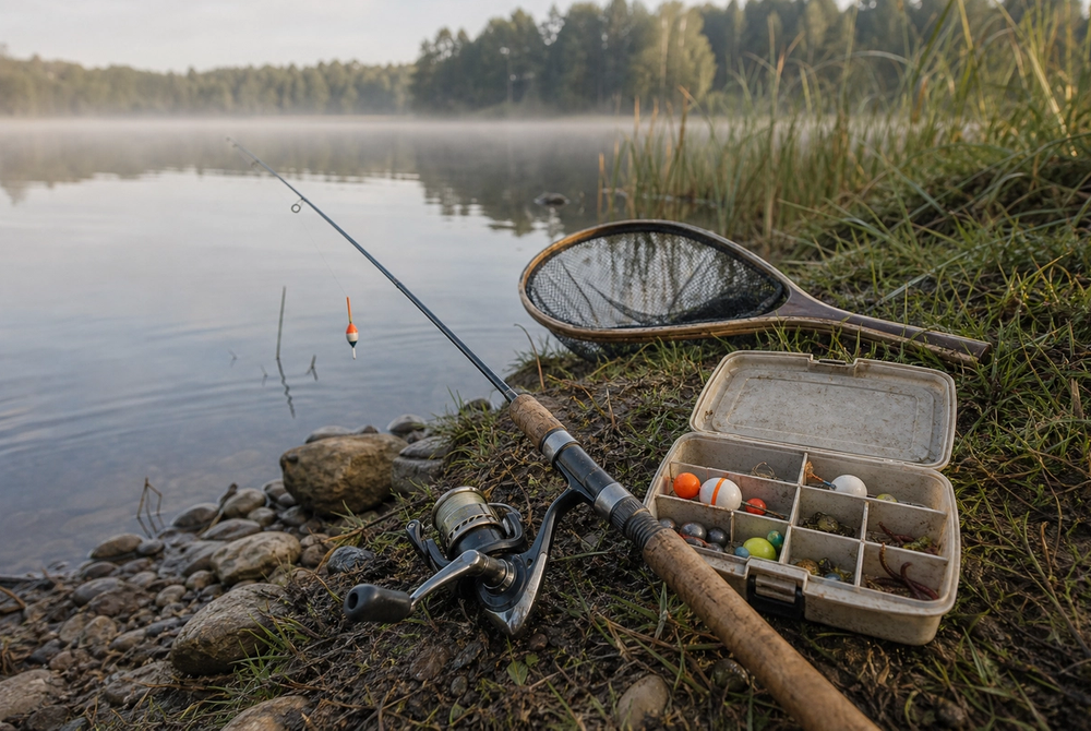 A float rod, reel, landing net and tackle box arranged beside a calm lake