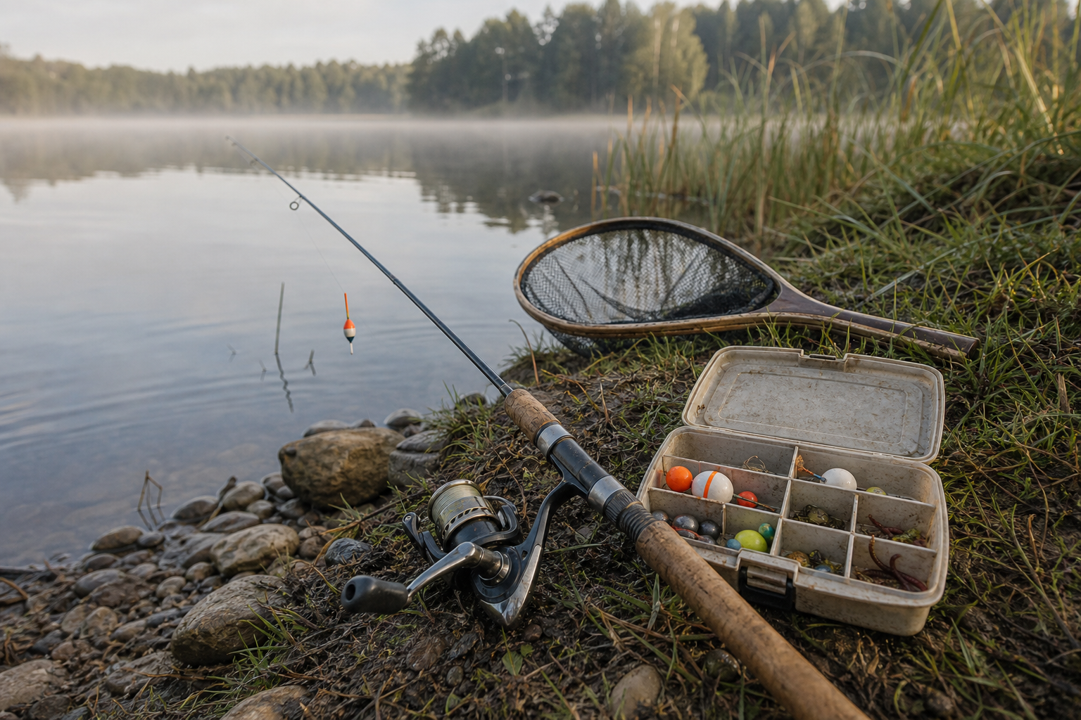 A float rod, reel, landing net and tackle box arranged beside a calm lake