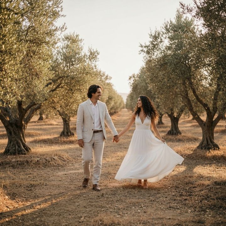 Couple filmed walking through an olive grove