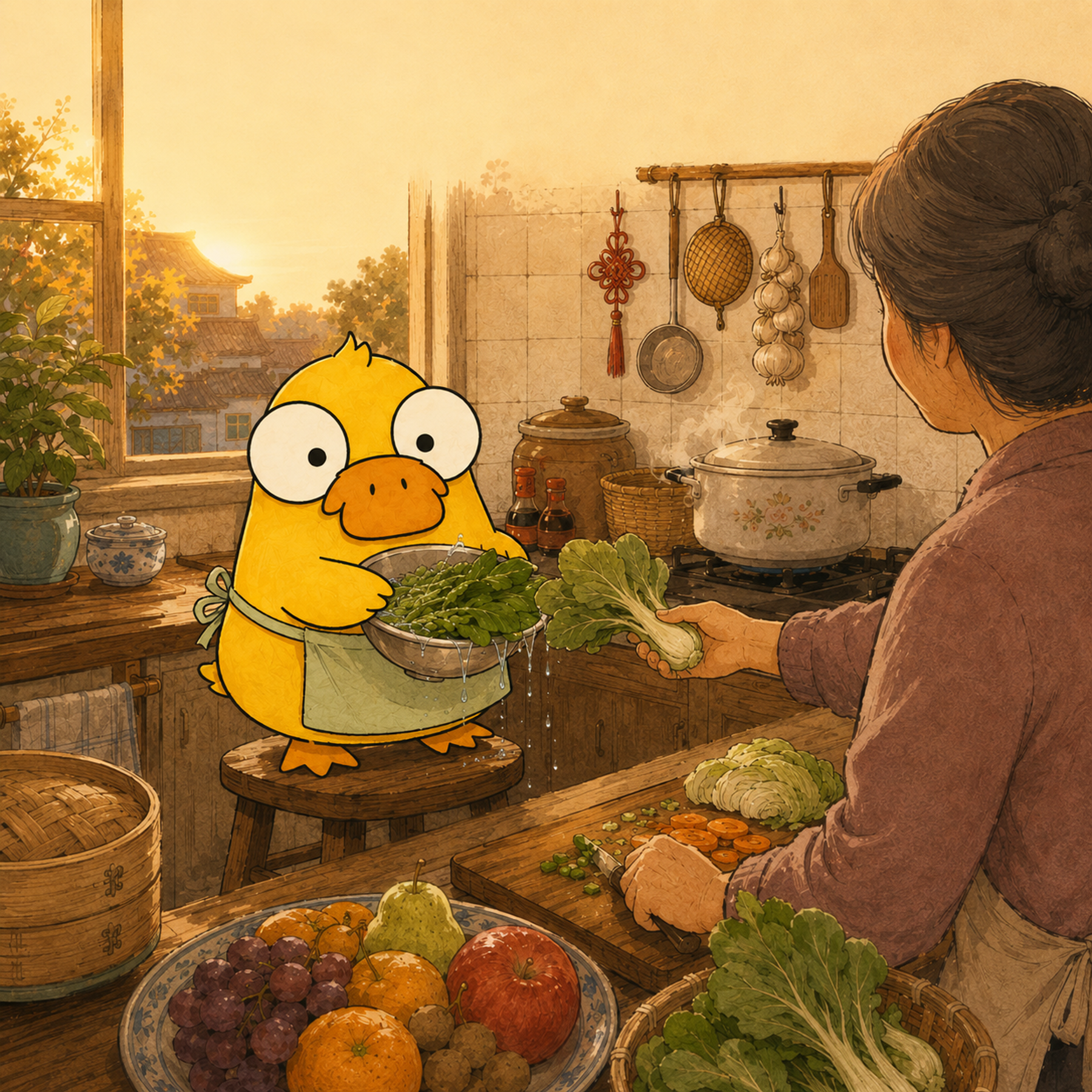 Tatia is preparing food together with her family in the kitchen.