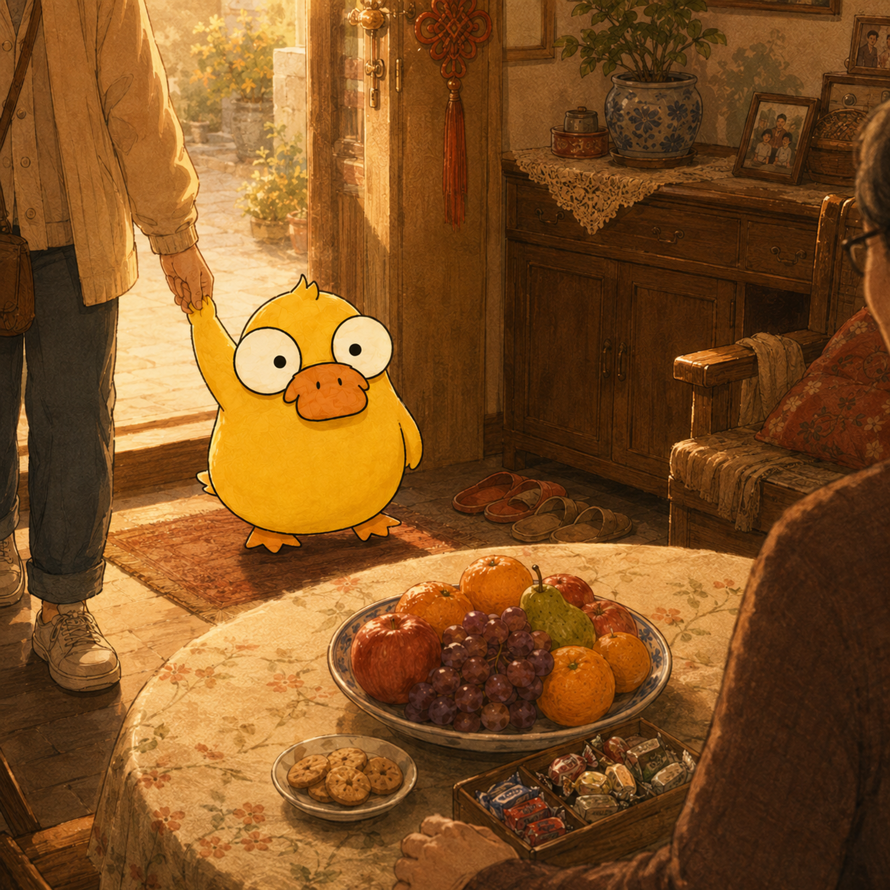 Tatia enters a warmly lit family home holding a relative’s hand; fruit and snacks wait on the table.