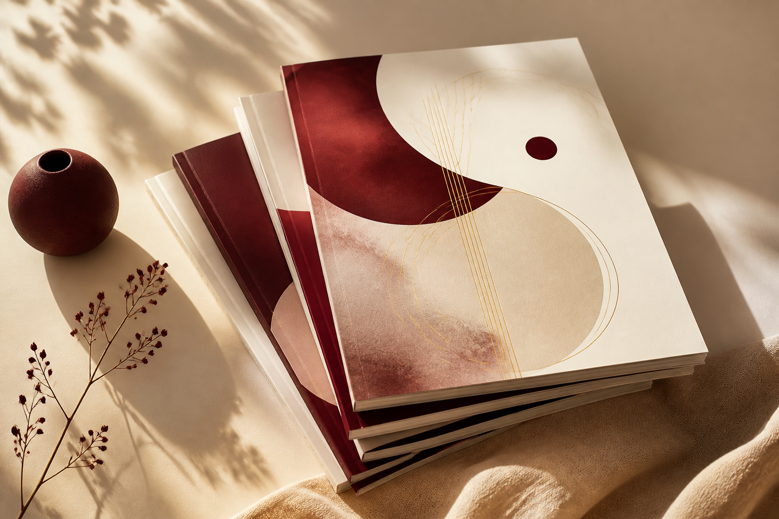 Composición editorial sobre revistas con estética burgundy
