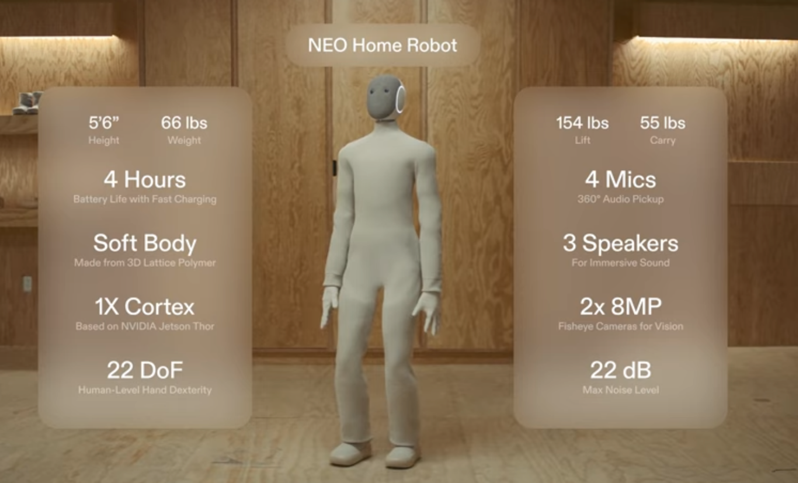 Algunos datos del robot Neo, el cual cuesta 20 mil dólares. Fuente: YouTube.