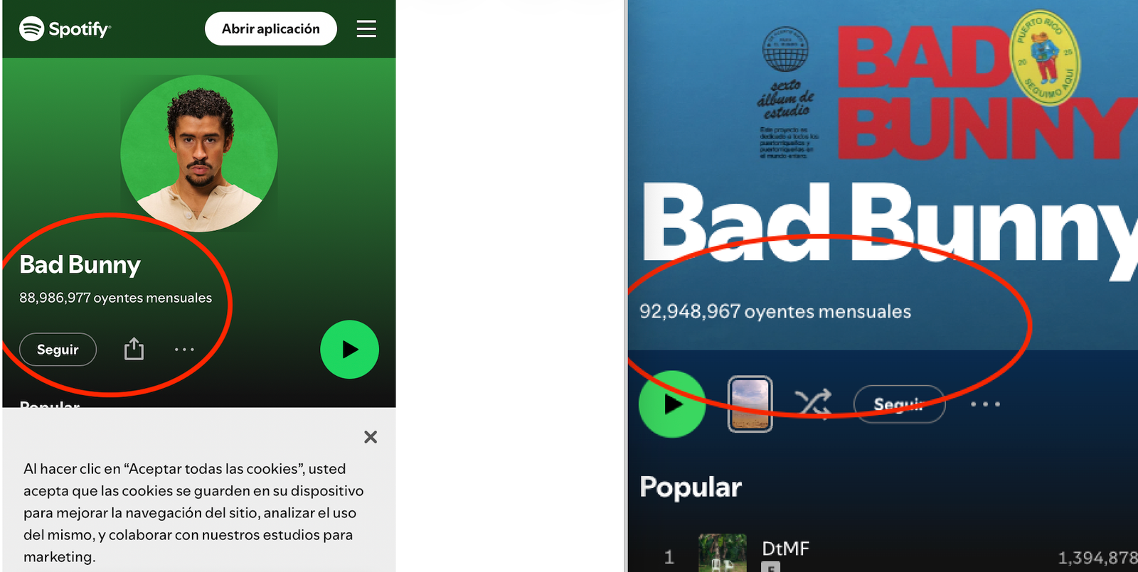 Las métricas de Spotify del sábado (izquierda) y las del lunes (derecha).