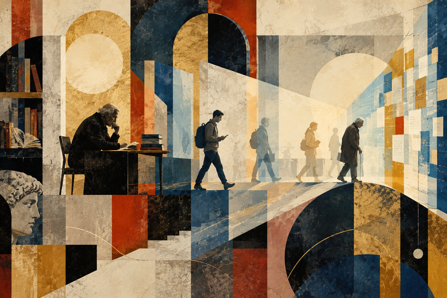 Ilustración abstracta de un profesor mayor apartado de un entorno universitario donde otras generaciones avanzan entre estructuras geométricas que simbolizan la innovación tecnológica