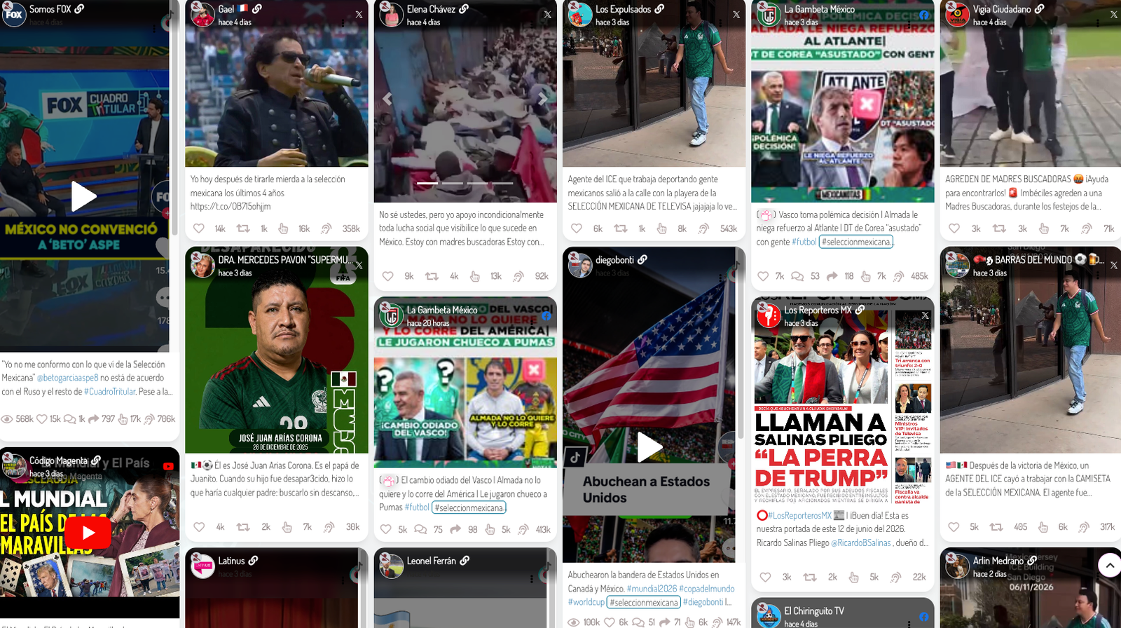 Un mosaico con diversos posts de redes sociales sobre la Selección Nacional de Futbol, la mayoría de ellos negativos.
