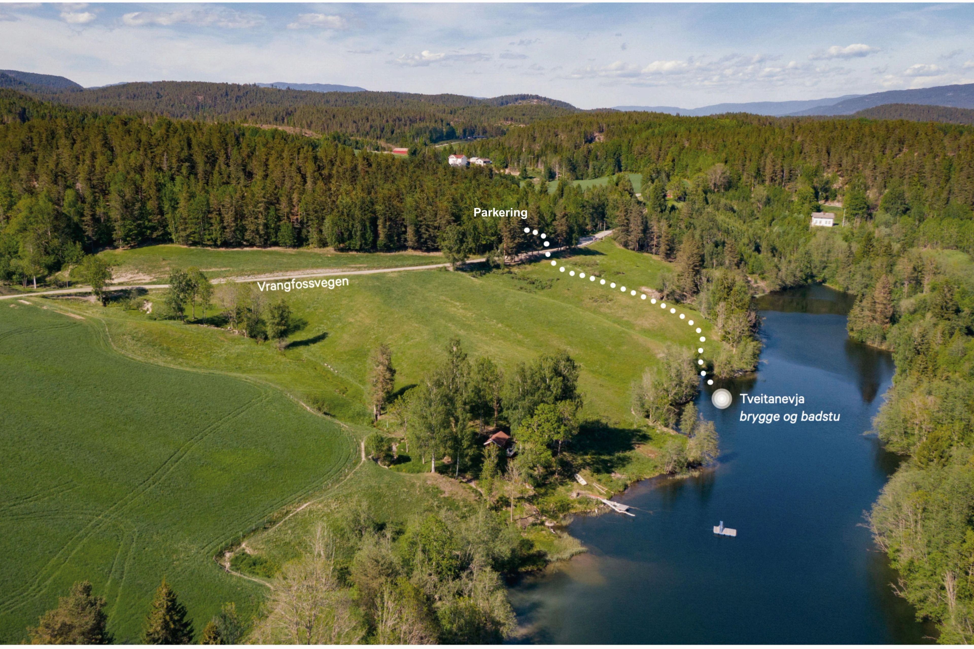 Dronebilde over Tveitanevja - plassering av Skogens rom Sauna og parkering markert