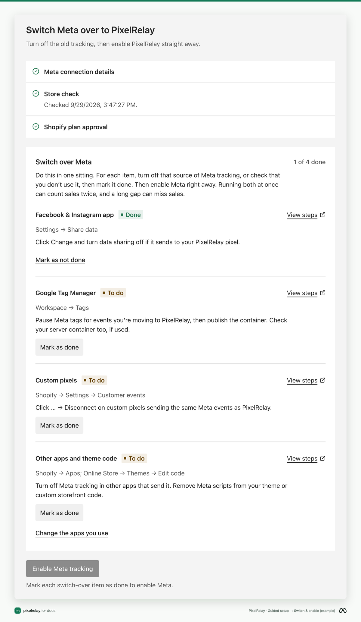 PixelRelay Guided setup, Switch over Meta checklist with Mark as done buttons (example)