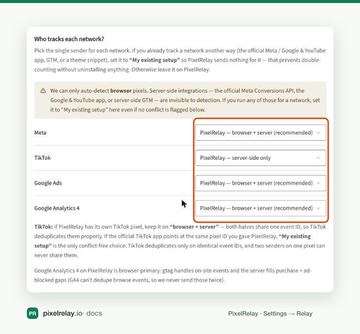 PixelRelay Settings, Relay, Who tracks each network, with a dropdown per platform