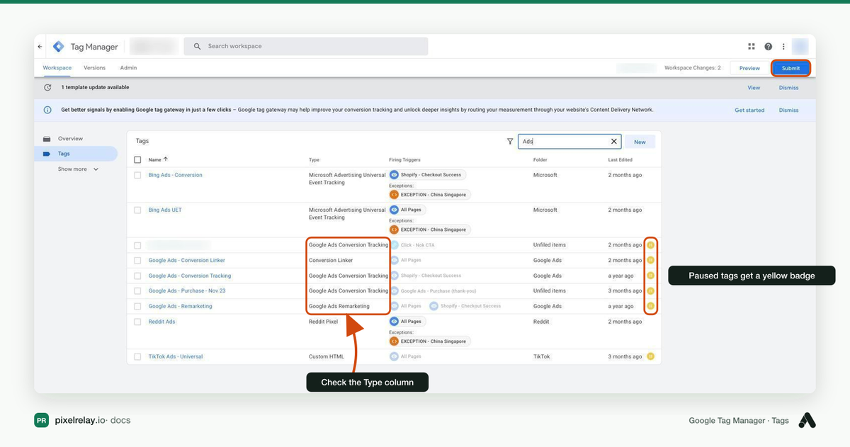 Google Tag Manager Tags list with the Type column and paused tags highlighted