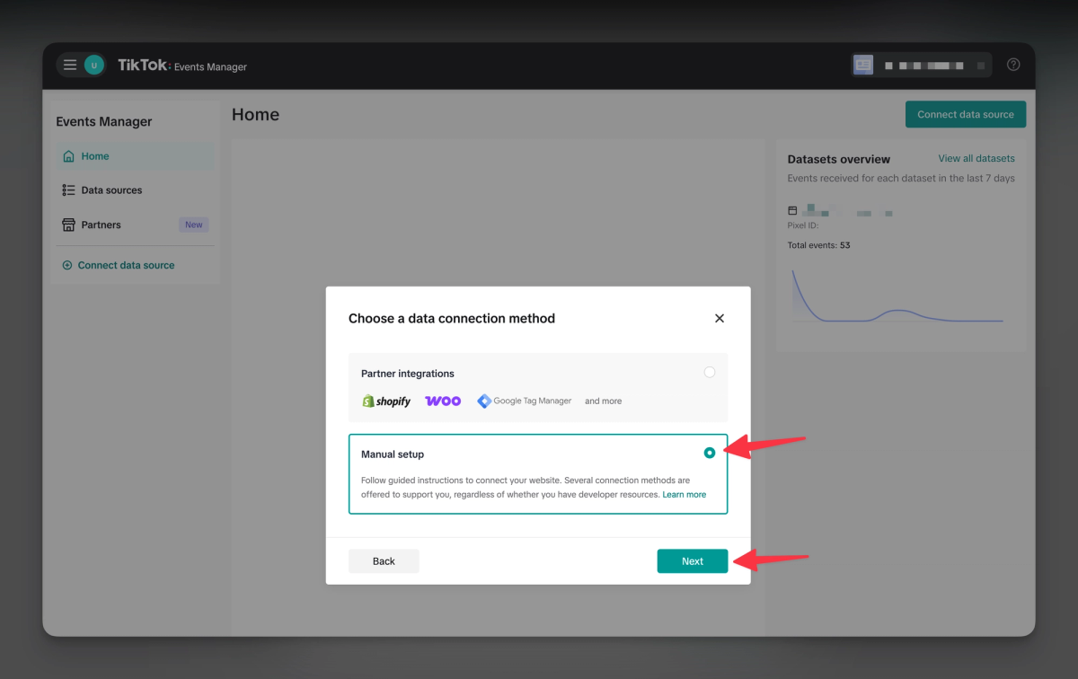 TikTok's Choose a data connection method dialog with Manual setup selected