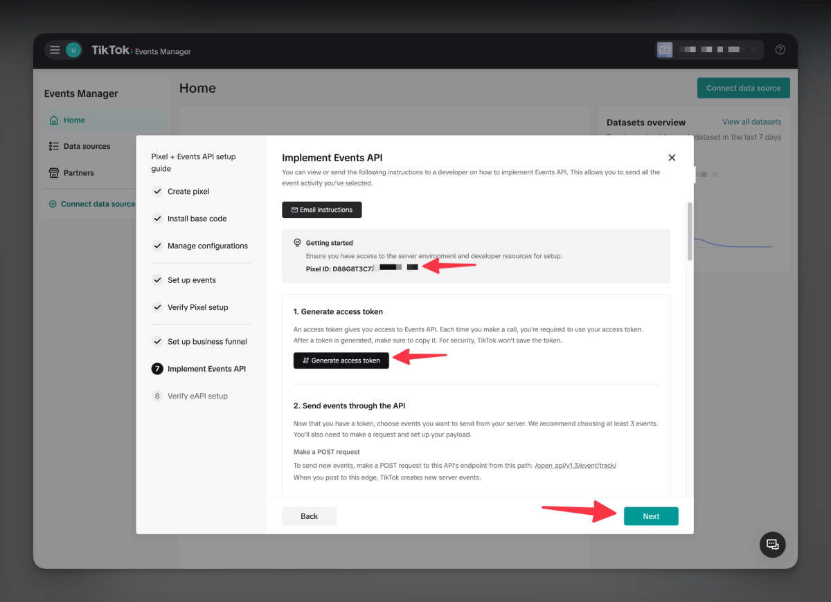 TikTok's Implement Events API step with the Pixel ID and Generate access token button