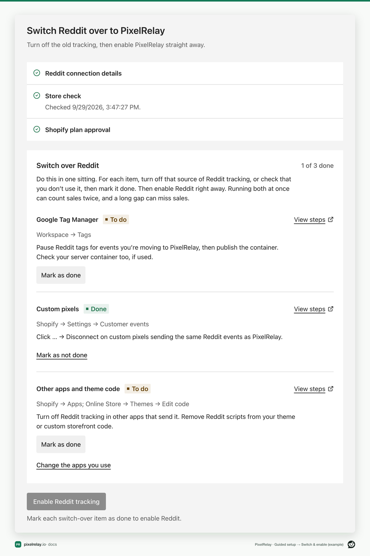 PixelRelay Guided setup, Switch over Reddit checklist with Mark as done buttons (example)